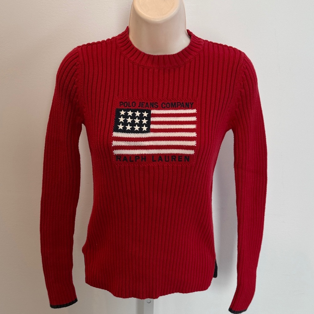 Vintage Ralph Lauren Red Knit Sweater Women Size S Flag Motif Trending Casual